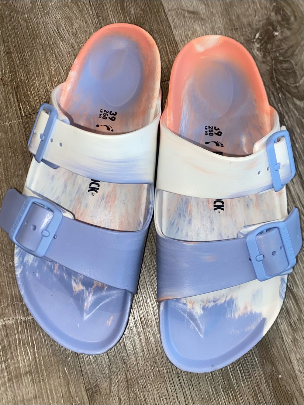 Birkenstock Two-Tone Lavender and Coral Slide Sandals